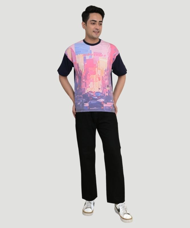 Men's Black Graphic Print Half Sleeves Oversized Fit T-Shirt